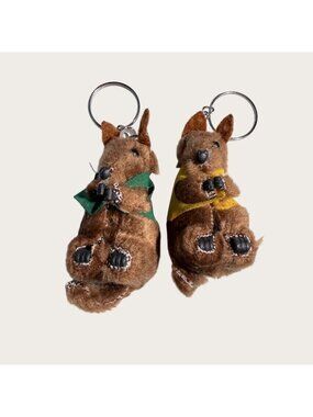 Pair Of Australian Kangaroo Plush Keychain Keyring Green & Yellow Scarves